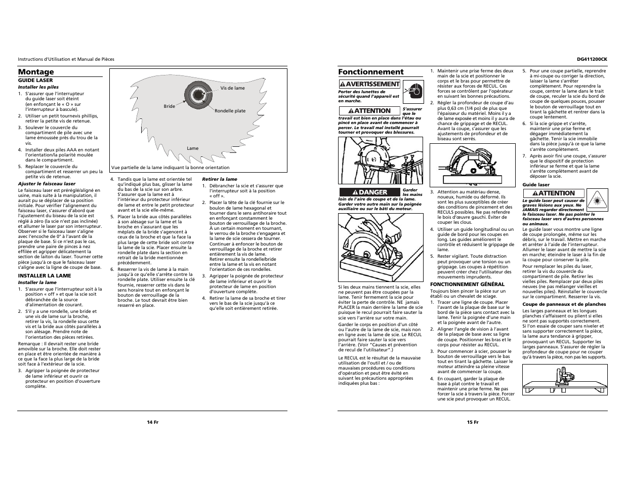 Fonctionnement, Montage | Campbell Hausfeld S 7-1/4" DG411200CK User Manual | Page 14 / 14