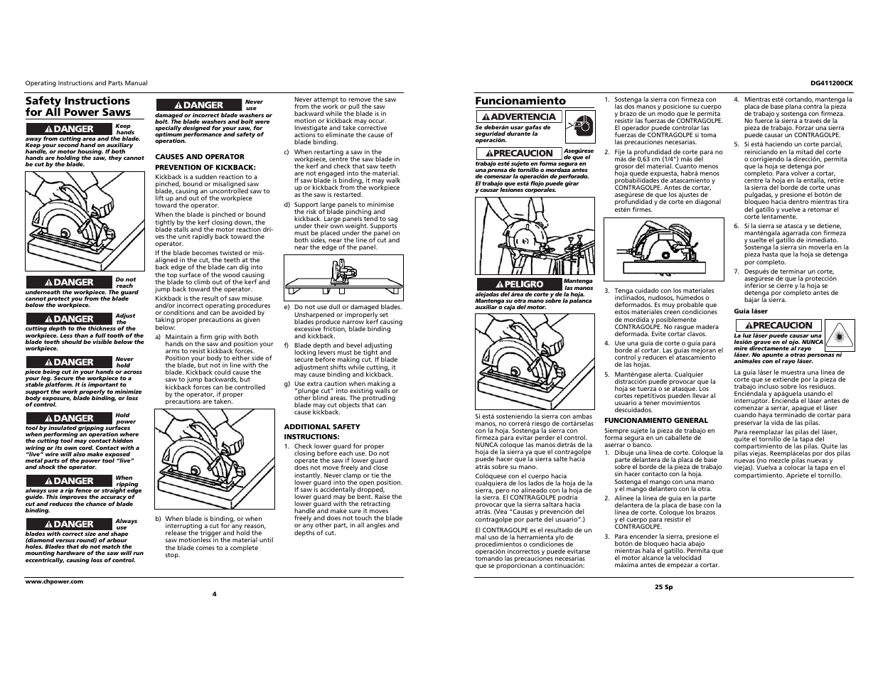 Funcionamiento, Safety instructions for all power saws | Campbell Hausfeld S 7-1/4" DG411200CK User Manual | Page 4 / 14