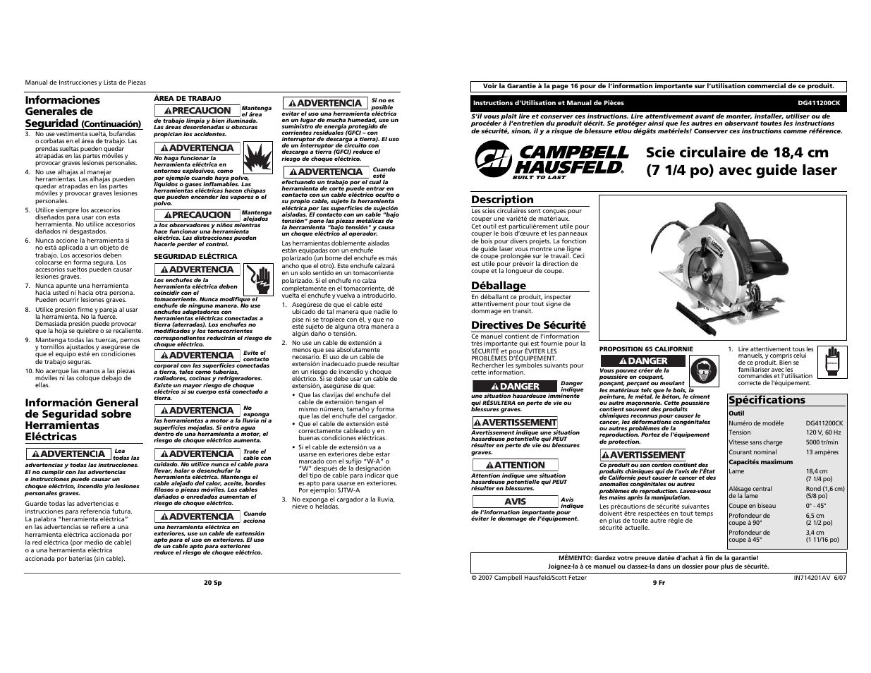 Informaciones generales de seguridad, Description, Déballage | Directives de sécurité, Spécifications | Campbell Hausfeld S 7-1/4" DG411200CK User Manual | Page 9 / 14