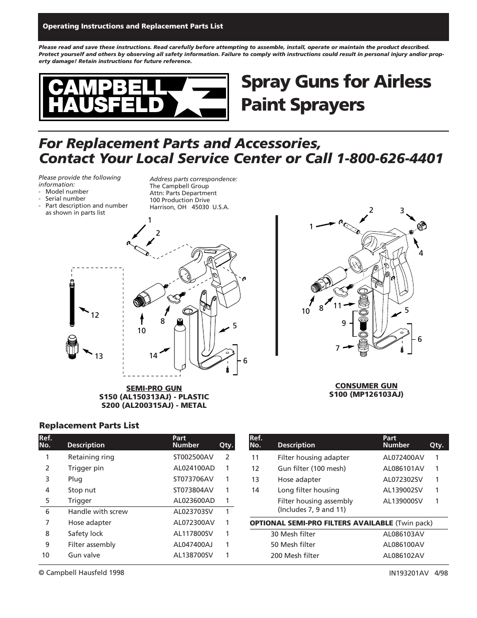 Campbell Hausfeld S100 User Manual | 12 pages