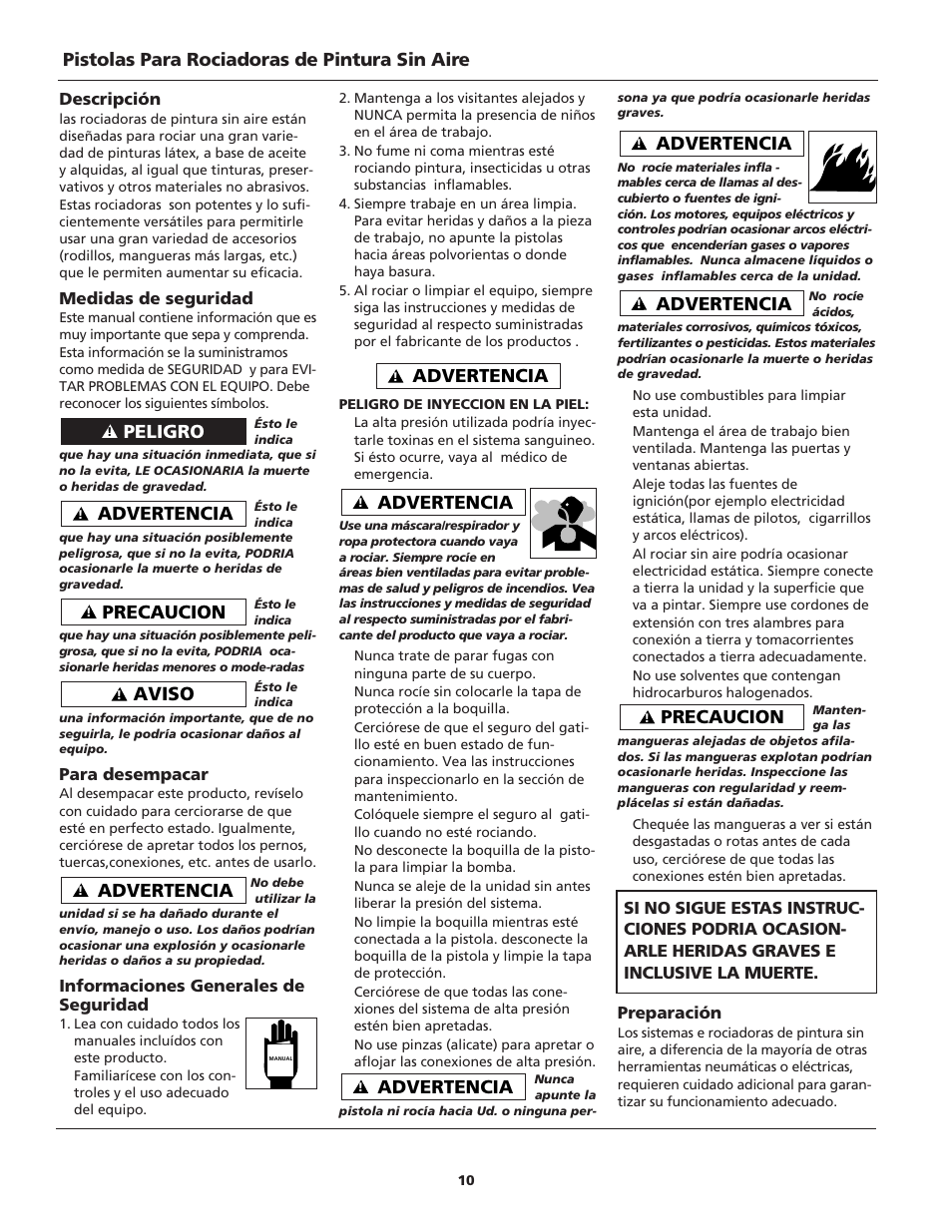 Pistolas para rociadoras de pintura sin aire, Advertencia, Aviso | Precaucion, Peligro | Campbell Hausfeld S100 User Manual | Page 10 / 12