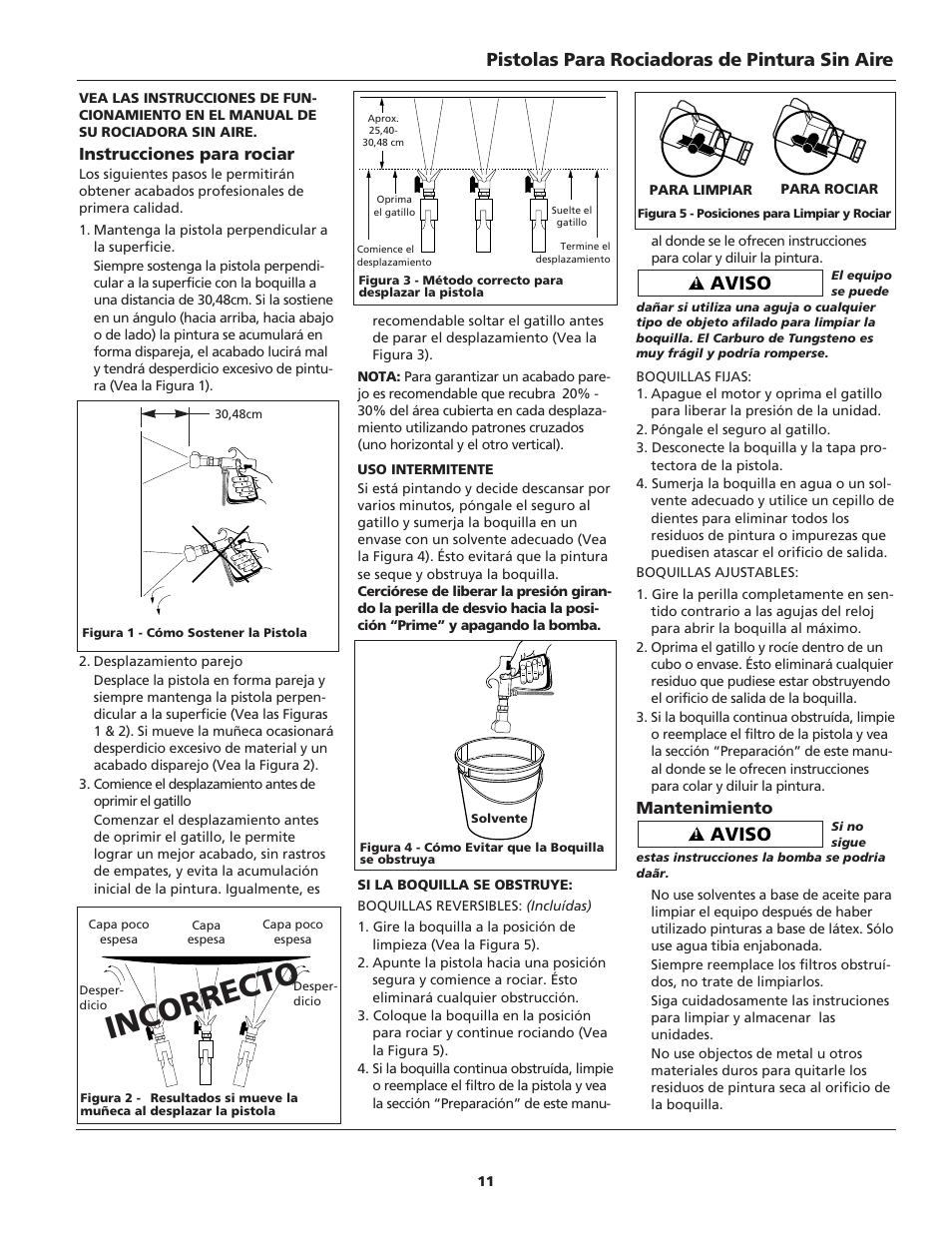 Incorrecto, Aviso, Pistolas para rociadoras de pintura sin aire | Instrucciones para rociar, Mantenimiento | Campbell Hausfeld S100 User Manual | Page 11 / 12