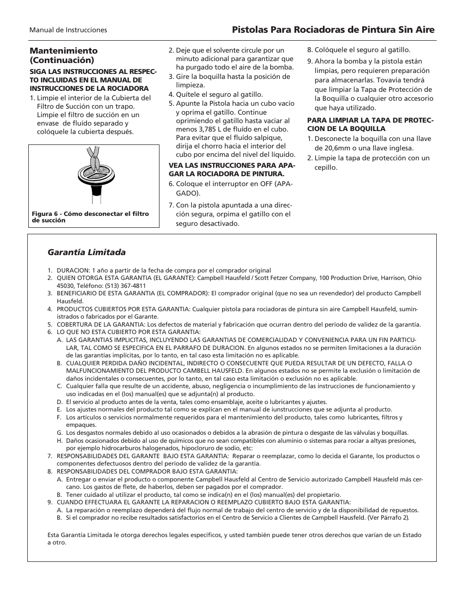 Pistolas para rociadoras de pintura sin aire, Mantenimiento (continuación), Garantía limitada | Campbell Hausfeld S100 User Manual | Page 12 / 12