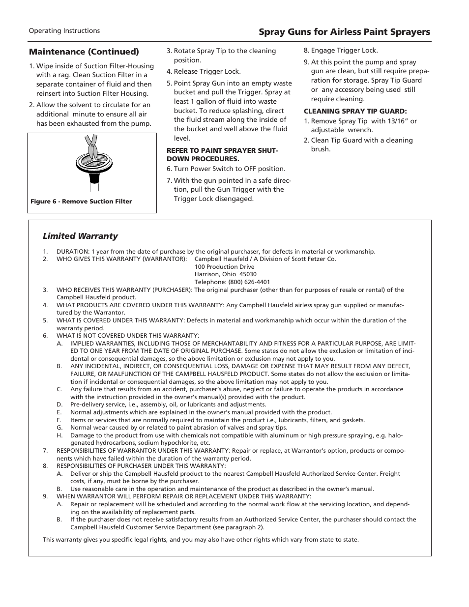 Spray guns for airless paint sprayers, Maintenance (continued), Limited warranty | Campbell Hausfeld S100 User Manual | Page 4 / 12