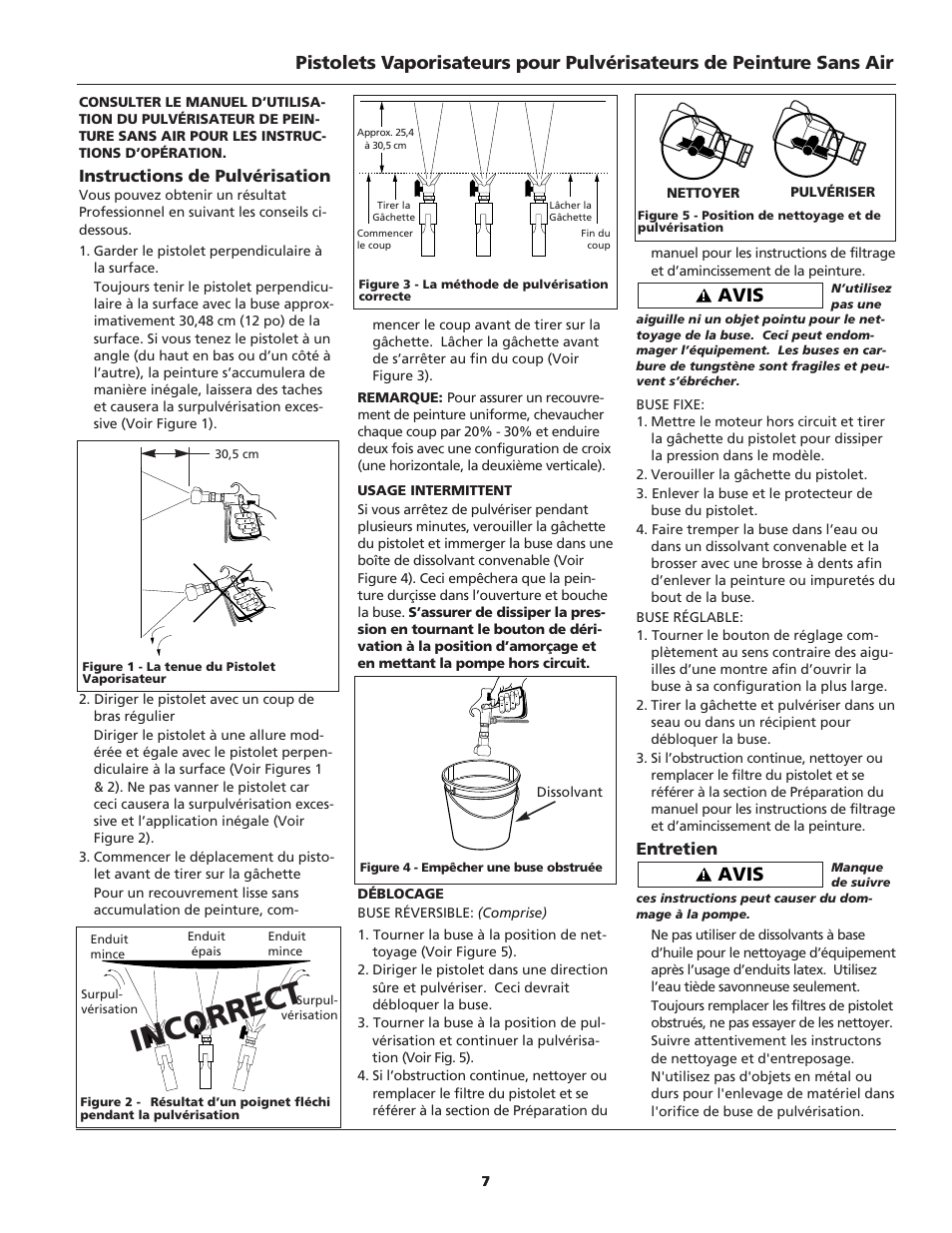 Incorrect, Avis, Instructions de pulvérisation | Entretien | Campbell Hausfeld S100 User Manual | Page 7 / 12