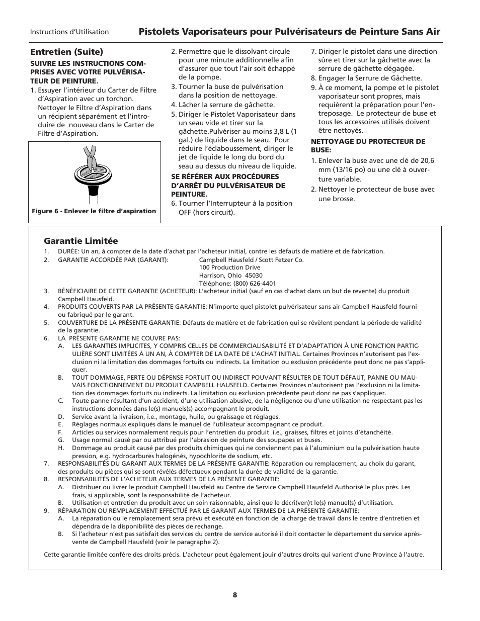 Entretien (suite), Garantie limitée | Campbell Hausfeld S100 User Manual | Page 8 / 12