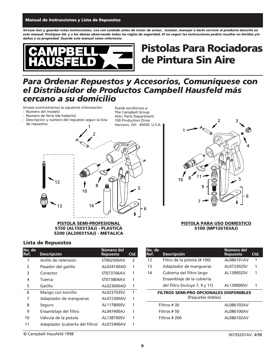 Campbell hausfeld, Pistolas para rociadoras de pintura sin aire | Campbell Hausfeld S100 User Manual | Page 9 / 12