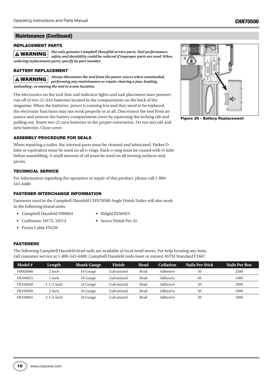 Maintenance (continued) | Campbell Hausfeld CHN70500 User Manual | Page 16 / 60