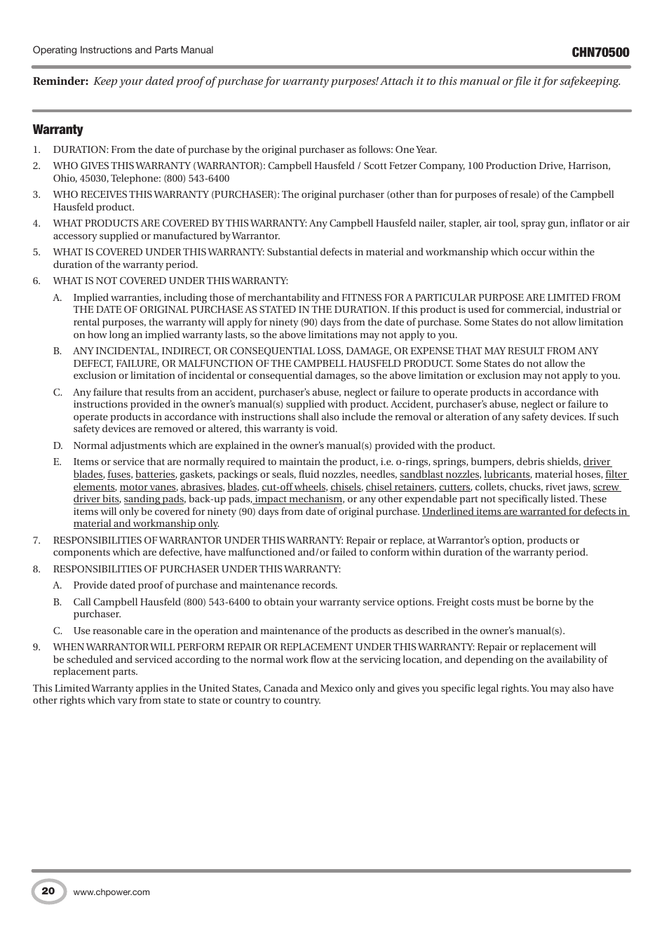 Warranty | Campbell Hausfeld CHN70500 User Manual | Page 20 / 60