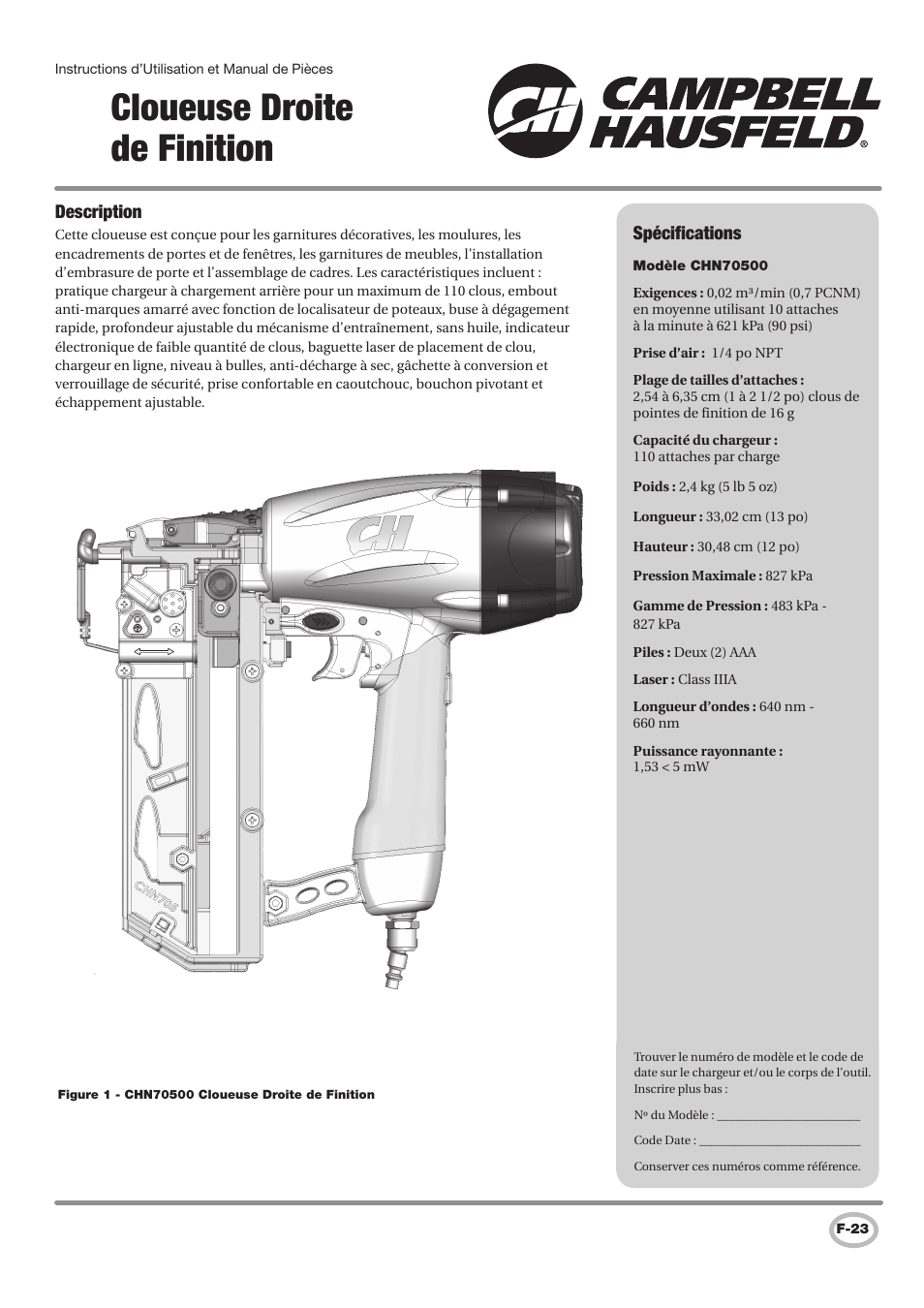 Cloueuse droite de finition | Campbell Hausfeld CHN70500 User Manual | Page 23 / 60