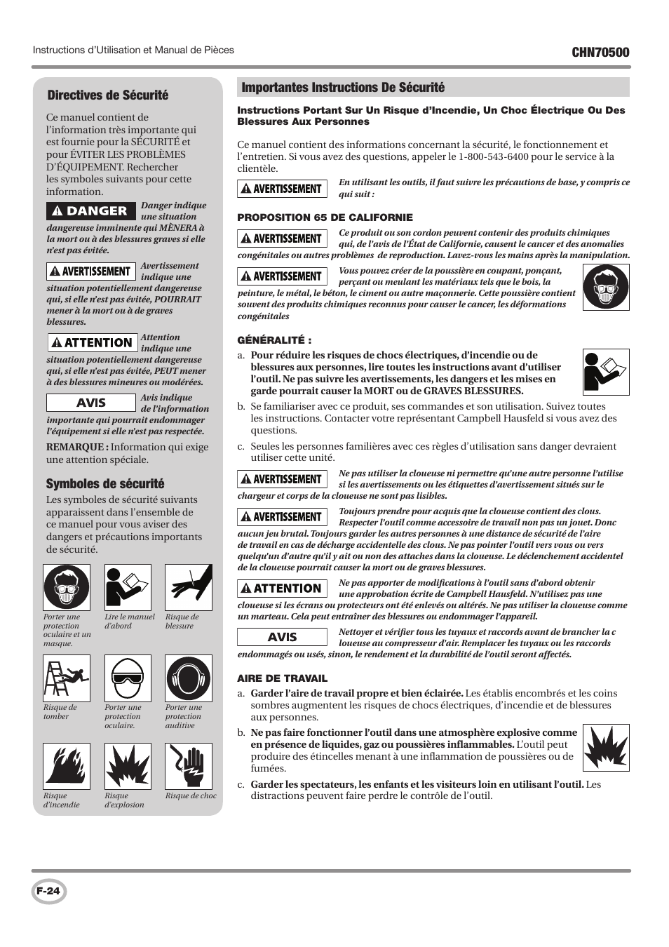 Importantes instructions de sécurité, Directives de sécurité, Symboles de sécurité | Campbell Hausfeld CHN70500 User Manual | Page 24 / 60