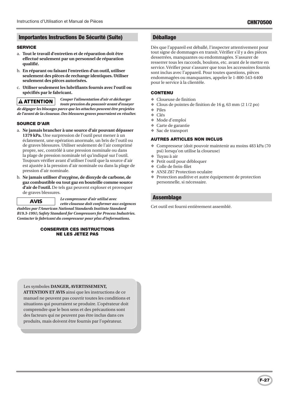 Importantes instructions de sécurité (suite), Déballage, Assemblage | Campbell Hausfeld CHN70500 User Manual | Page 27 / 60