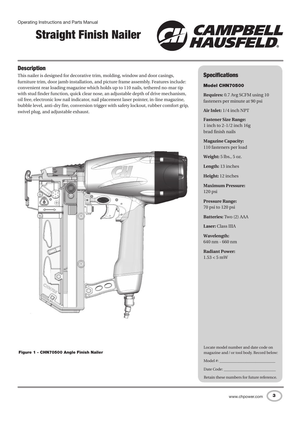 Straight finish nailer, Description, Specifications | Campbell Hausfeld CHN70500 User Manual | Page 3 / 60