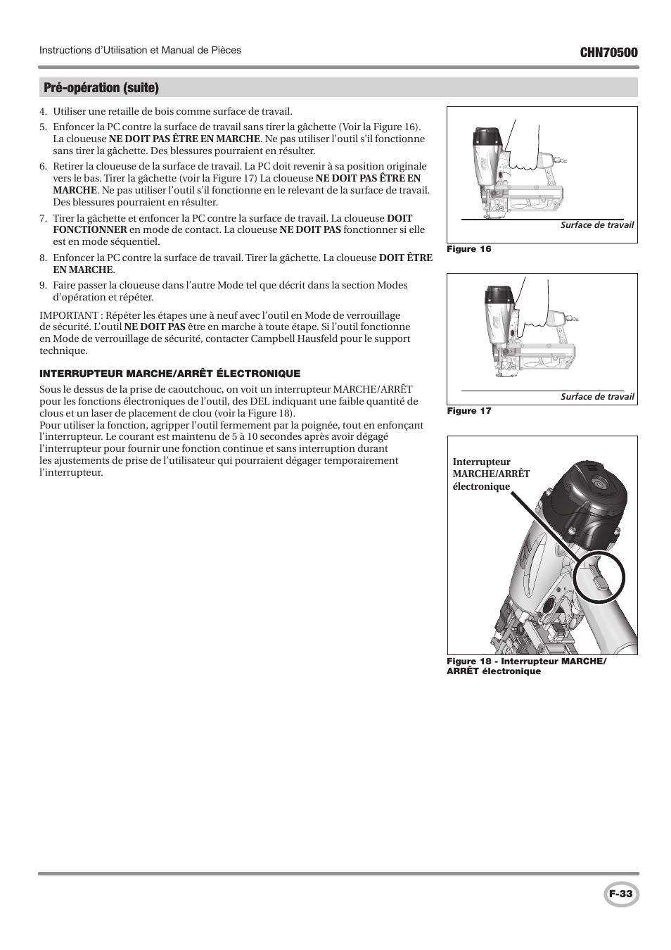 Pré-opération (suite) | Campbell Hausfeld CHN70500 User Manual | Page 33 / 60