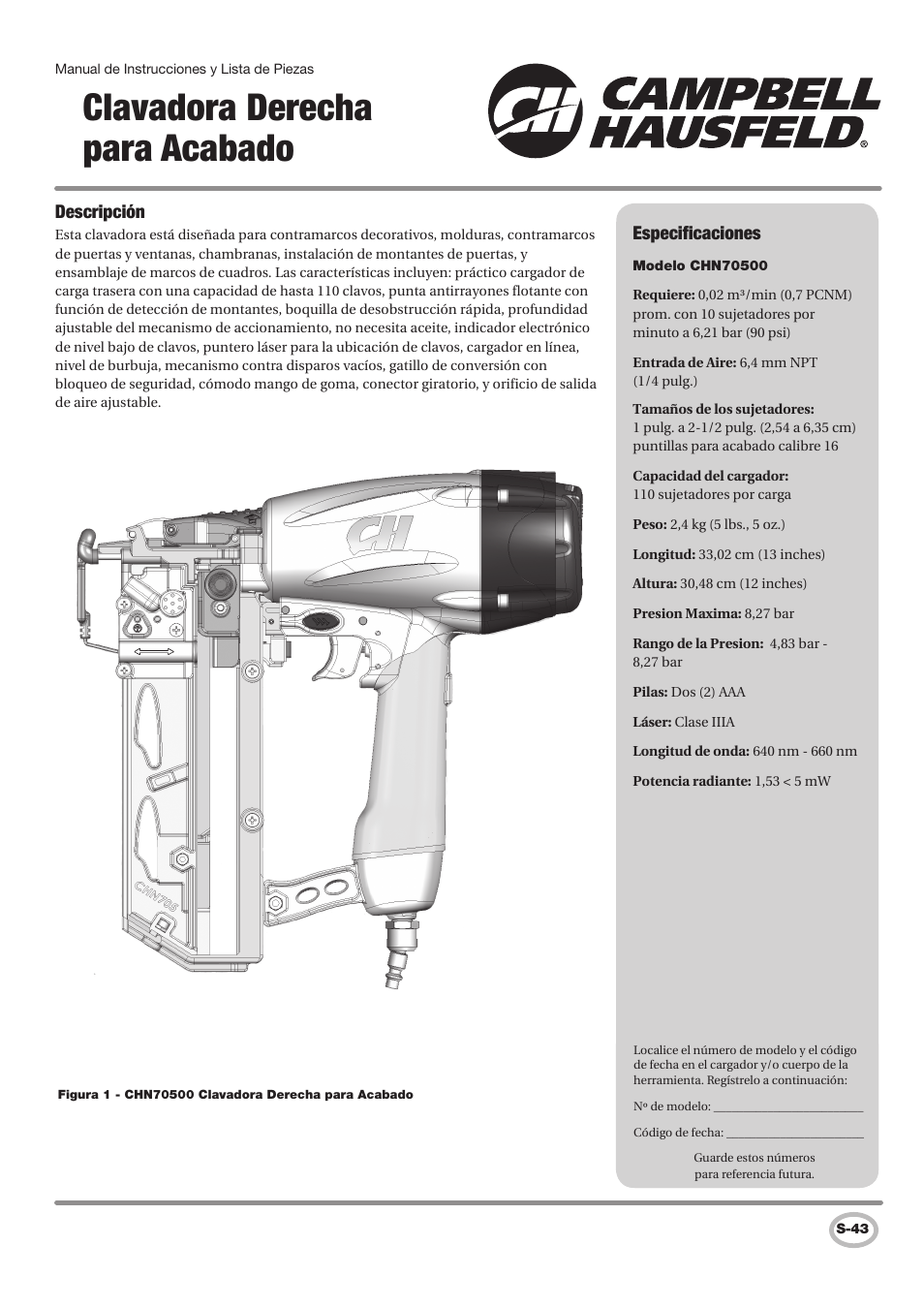 Clavadora derecha para acabado | Campbell Hausfeld CHN70500 User Manual | Page 43 / 60