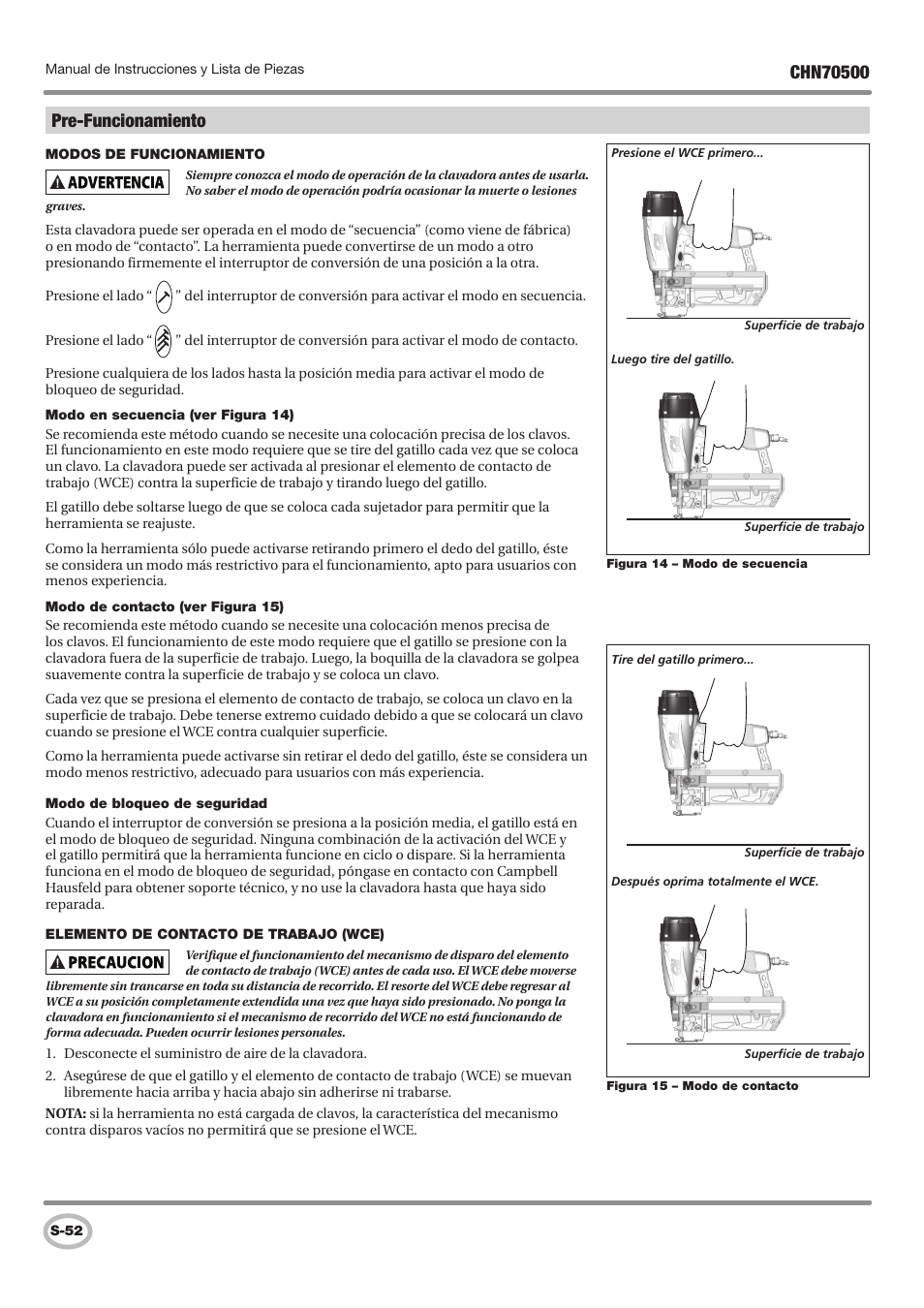 Pre-funcionamiento | Campbell Hausfeld CHN70500 User Manual | Page 52 / 60