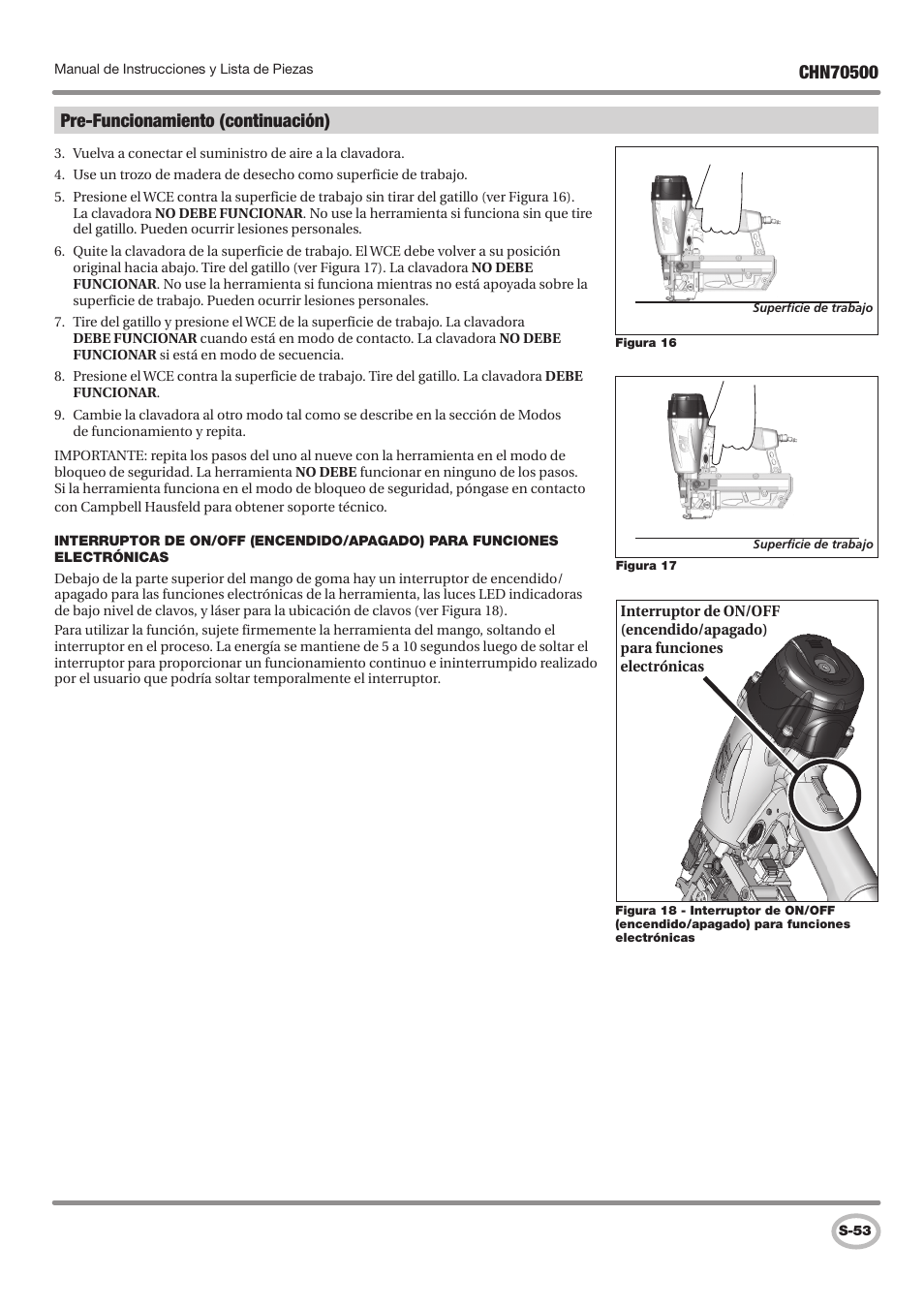 Pre-funcionamiento (continuación) | Campbell Hausfeld CHN70500 User Manual | Page 53 / 60
