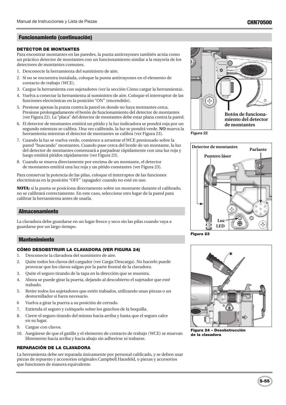 Almacenamiento, Mantenimiento, Funcionamiento (continuación) | Campbell Hausfeld CHN70500 User Manual | Page 55 / 60