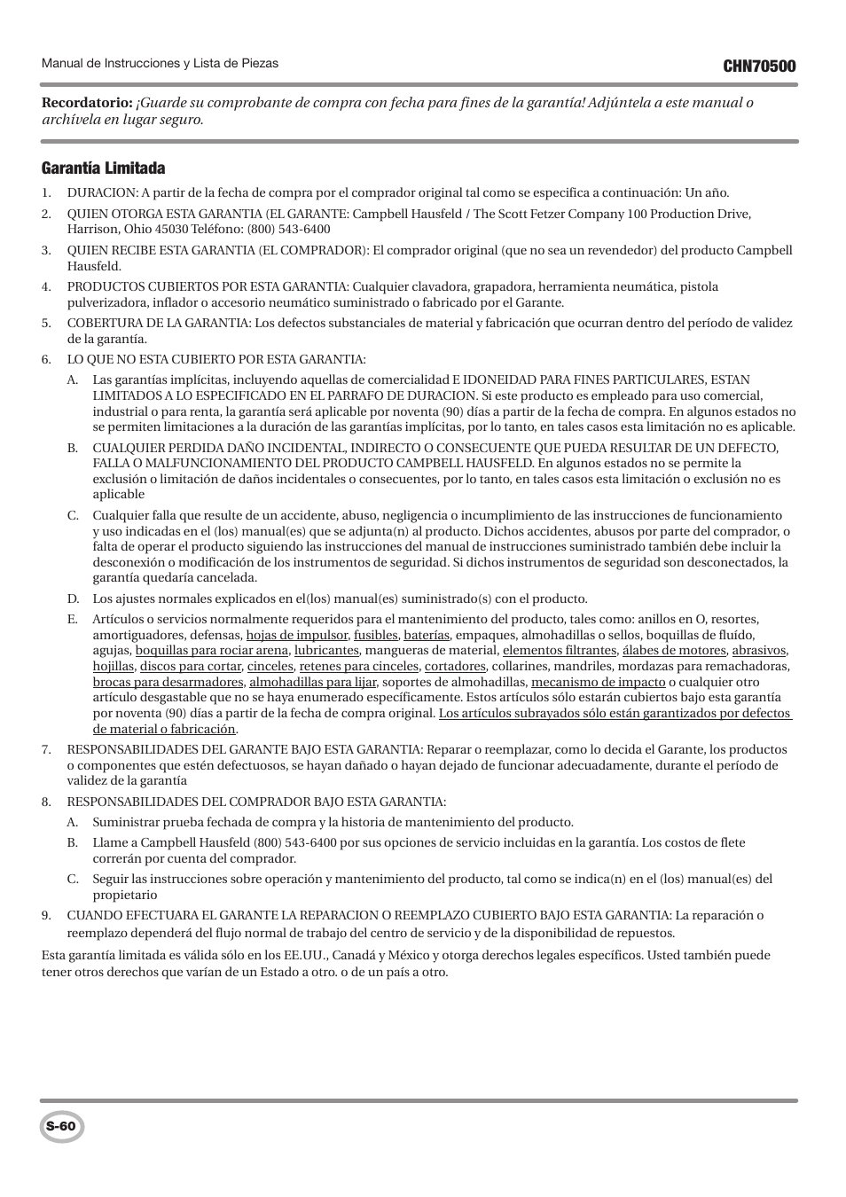 Garantía limitada | Campbell Hausfeld CHN70500 User Manual | Page 60 / 60
