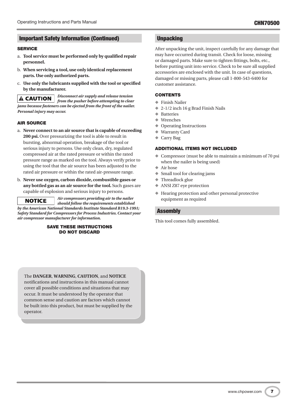 Important safety information (continued), Unpacking, Assembly | Campbell Hausfeld CHN70500 User Manual | Page 7 / 60