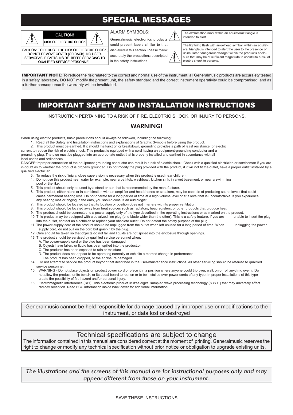 Special messages, Technical speciﬁ cations are subject to change, Important safety and installation instructions | Warning | Generalmusic gk360 User Manual | Page 2 / 28