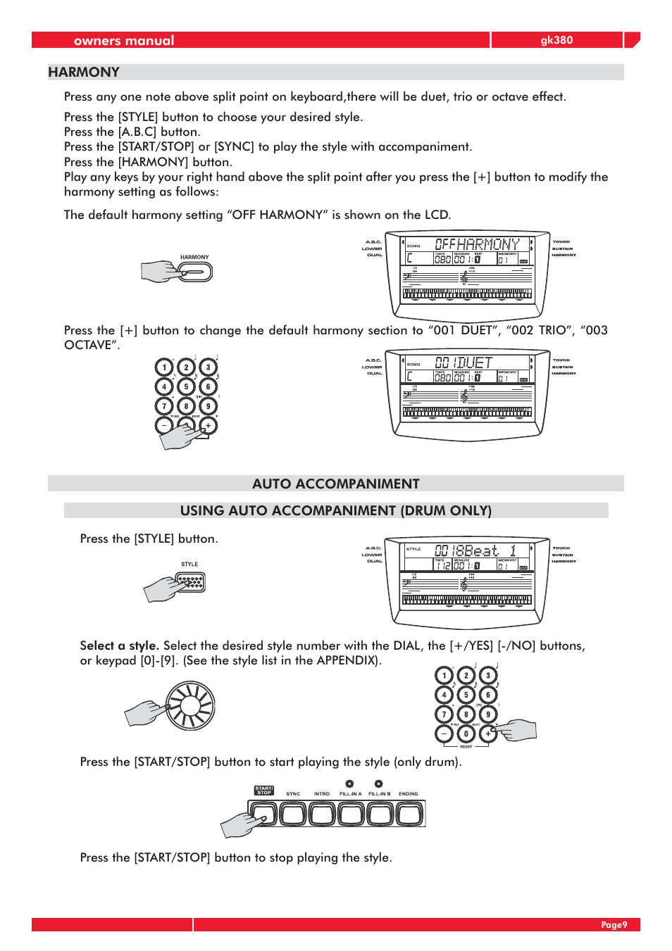 Owners manual, Harmony, Auto accompaniment | Using auto accompaniment (drum only) | Generalmusic gk380 User Manual | Page 13 / 44