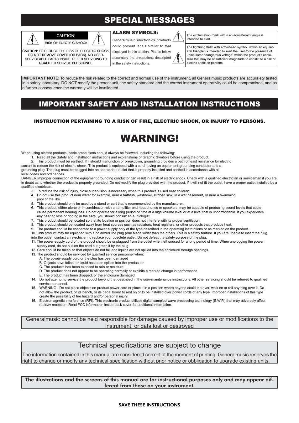 Warning, Special messages, Technical speciﬁ cations are subject to change | Important safety and installation instructions | Generalmusic gk380 User Manual | Page 2 / 44