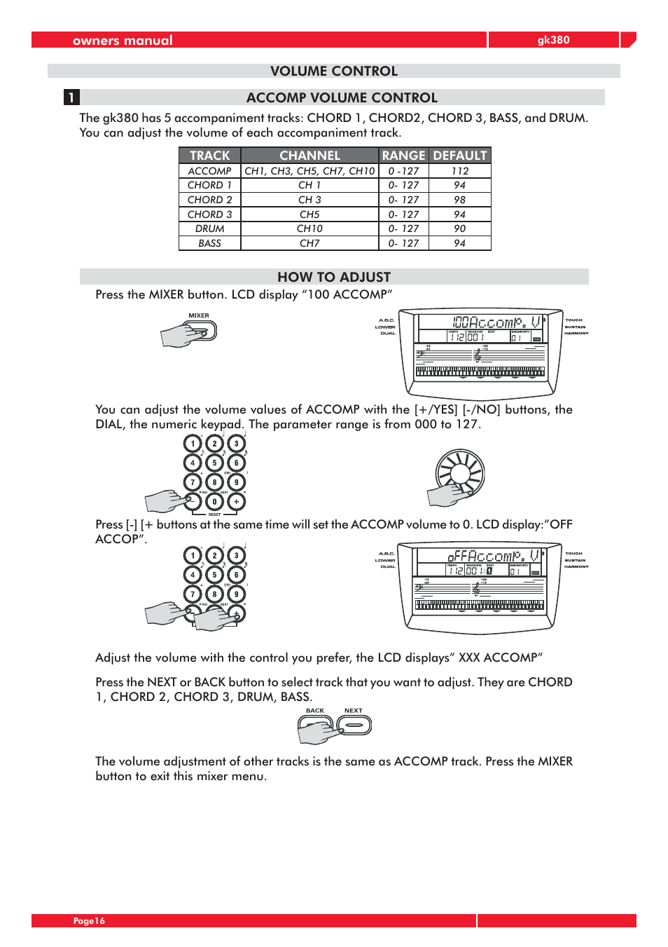 Owners manual, Volume control, 1accomp volume control | How to adjust | Generalmusic gk380 User Manual | Page 20 / 44