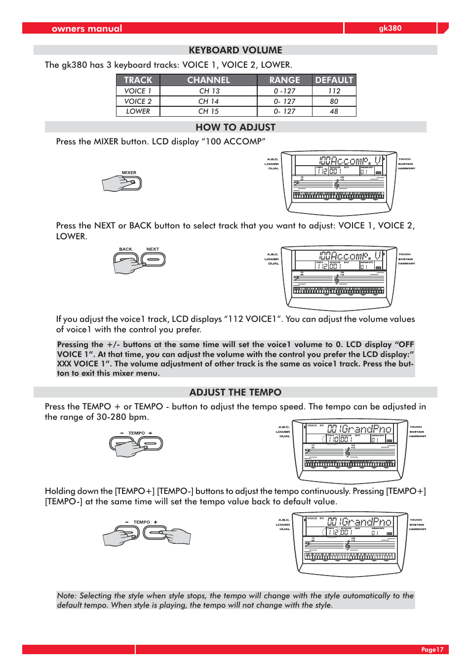 Owners manual, Keyboard volume, How to adjust | Adjust the tempo | Generalmusic gk380 User Manual | Page 21 / 44