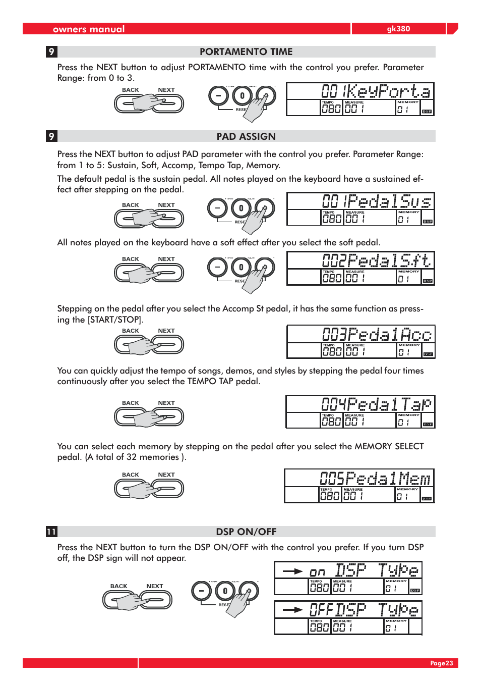 Owners manual, Dsp on/off, Portamento time 9 | Pad assign 9 | Generalmusic gk380 User Manual | Page 27 / 44