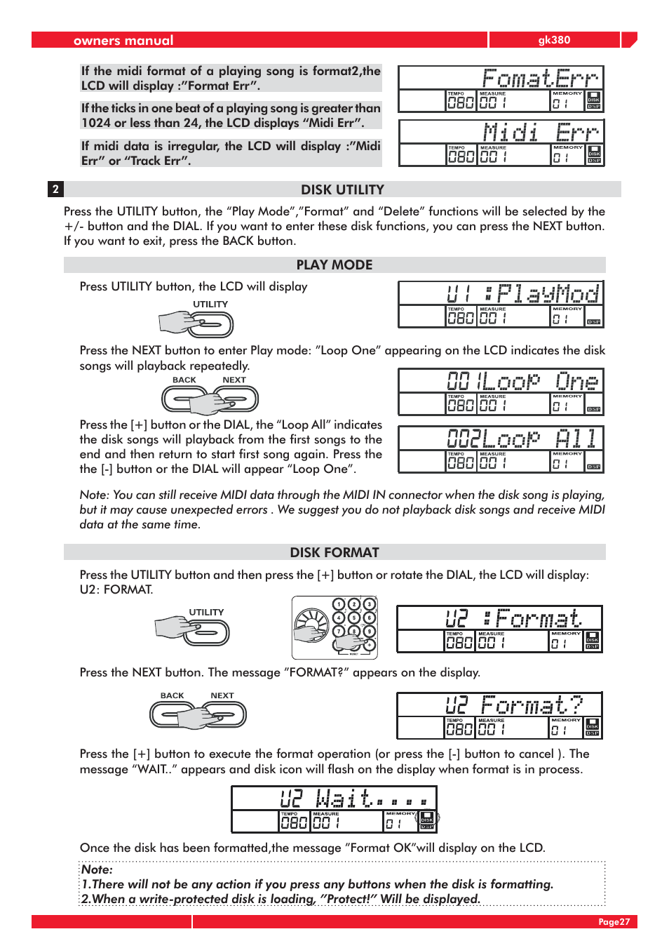 Owners manual, Disk utility, Play mode | Disk format | Generalmusic gk380 User Manual | Page 31 / 44