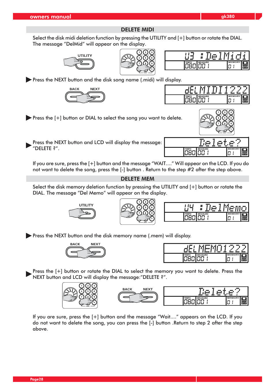 Owners manual, Delete midi, Delete mem | Generalmusic gk380 User Manual | Page 32 / 44