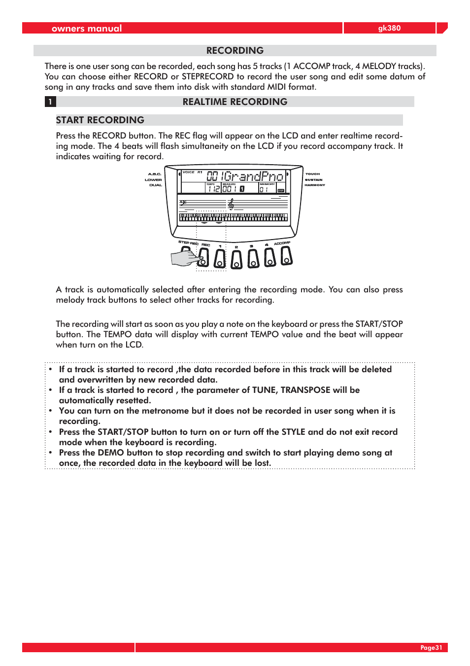 Owners manual, Recording, Realtime recording start recording | Generalmusic gk380 User Manual | Page 35 / 44
