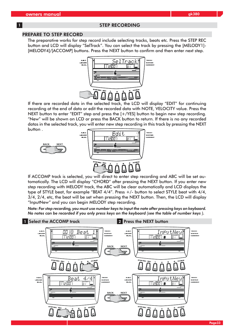 Owners manual, Step recording prepare to step record | Generalmusic gk380 User Manual | Page 37 / 44