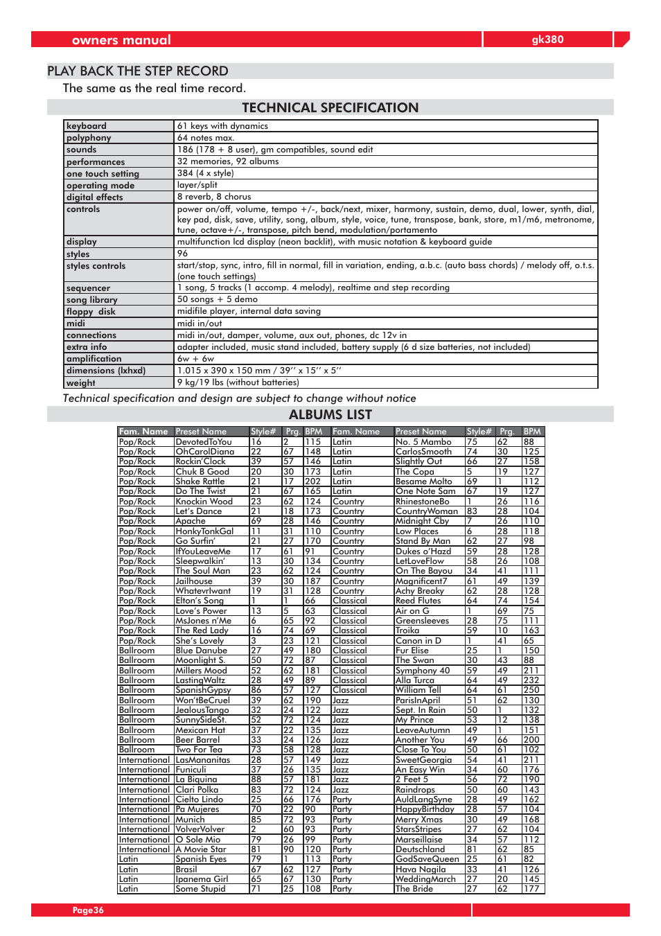 Owners manual, Technical specification play back the step record, Albums list | The same as the real time record | Generalmusic gk380 User Manual | Page 40 / 44