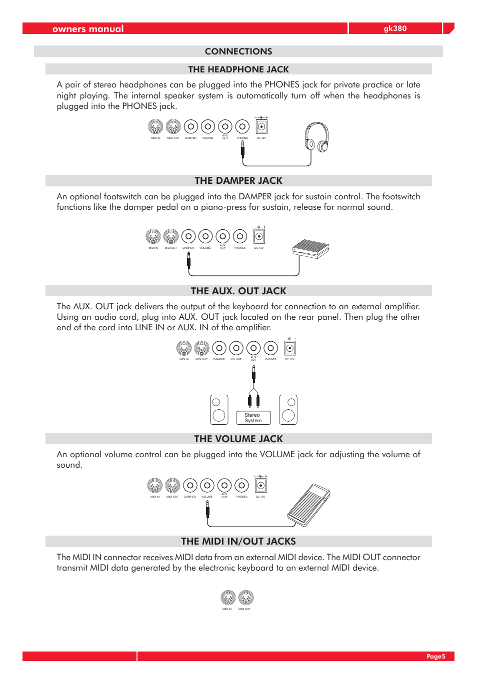 Owners manual, The damper jack, The aux. out jack | The volume jack, The midi in/out jacks, Gk380 | Generalmusic gk380 User Manual | Page 9 / 44