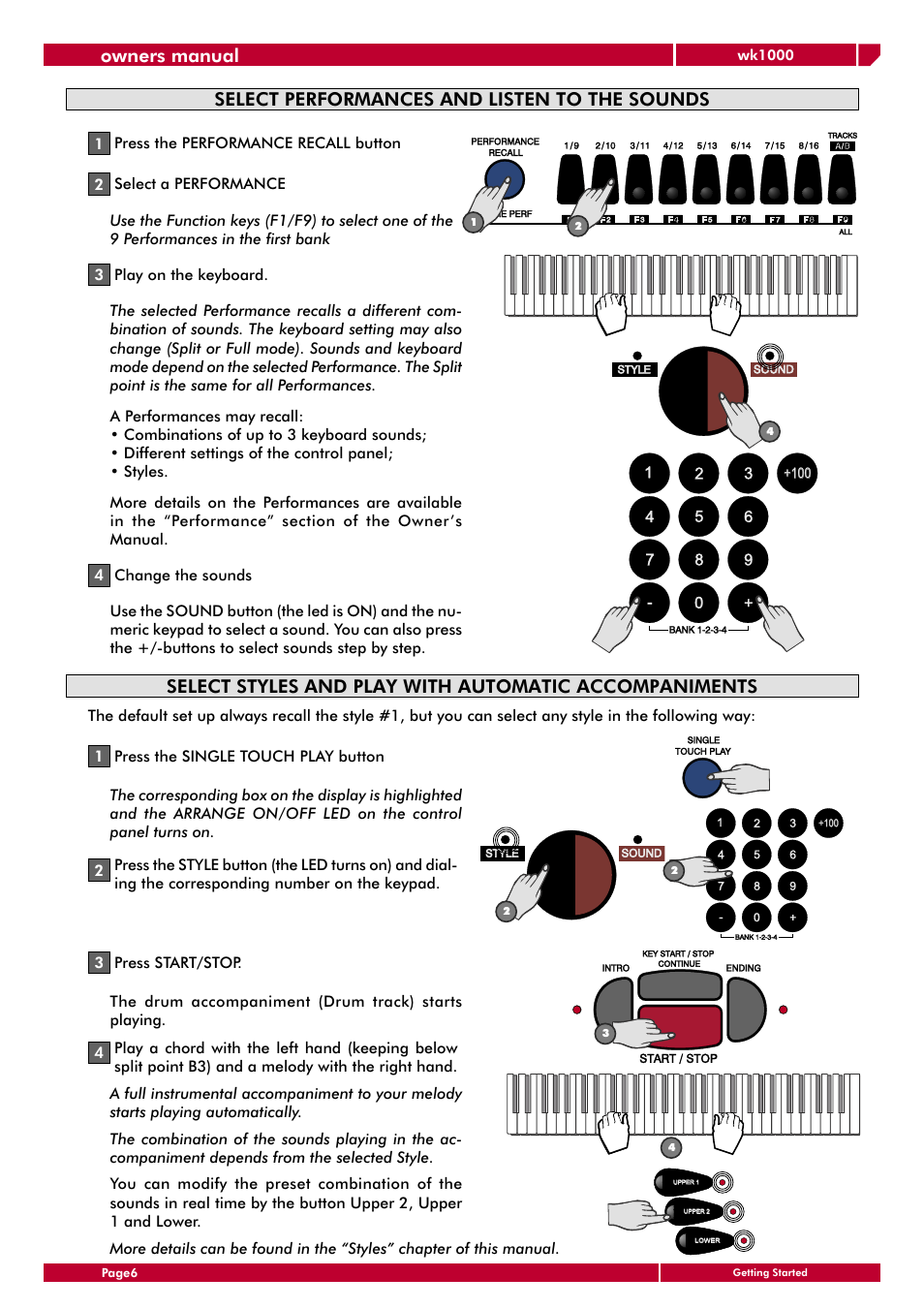 Owners manual, Select performances and listen to the sounds | Generalmusic wk1000 User Manual | Page 12 / 72