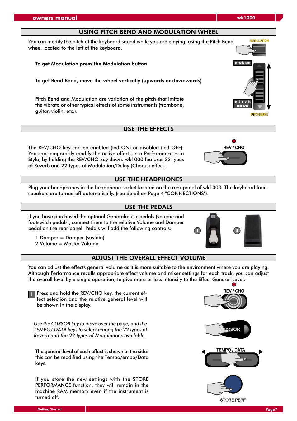 Owners manual, Using pitch bend and modulation wheel, Use the effects | Use the headphones, Adjust the overall effect volume, Use the pedals | Generalmusic wk1000 User Manual | Page 13 / 72