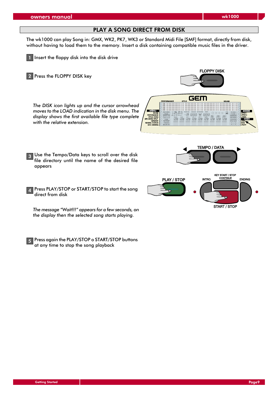 Owners manual, Play a song direct from disk, Wk1000 | Page9 | Generalmusic wk1000 User Manual | Page 15 / 72