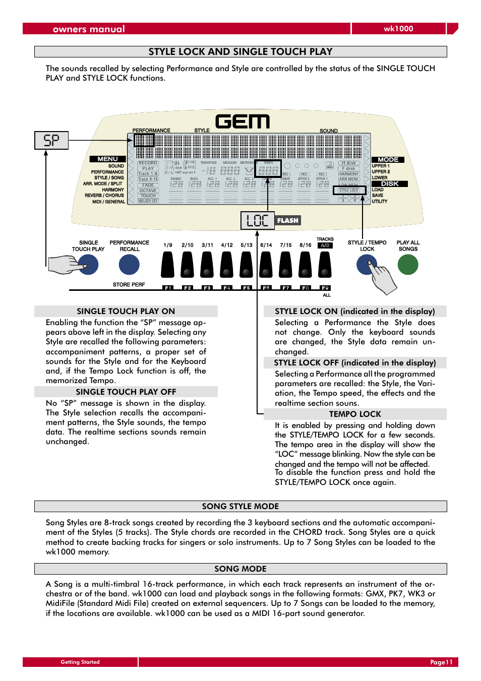 Sp loc, Style lock and single touch play, Owners manual | Wk1000 | Generalmusic wk1000 User Manual | Page 17 / 72