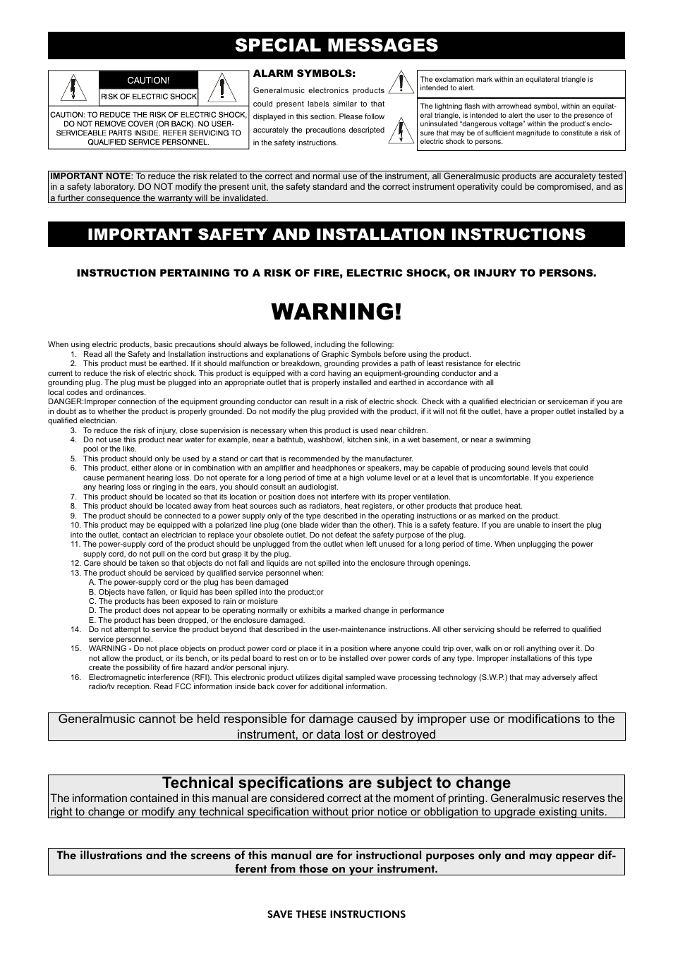 Warning, Special messages, Technical speciﬁ cations are subject to change | Important safety and installation instructions | Generalmusic wk1000 User Manual | Page 2 / 72