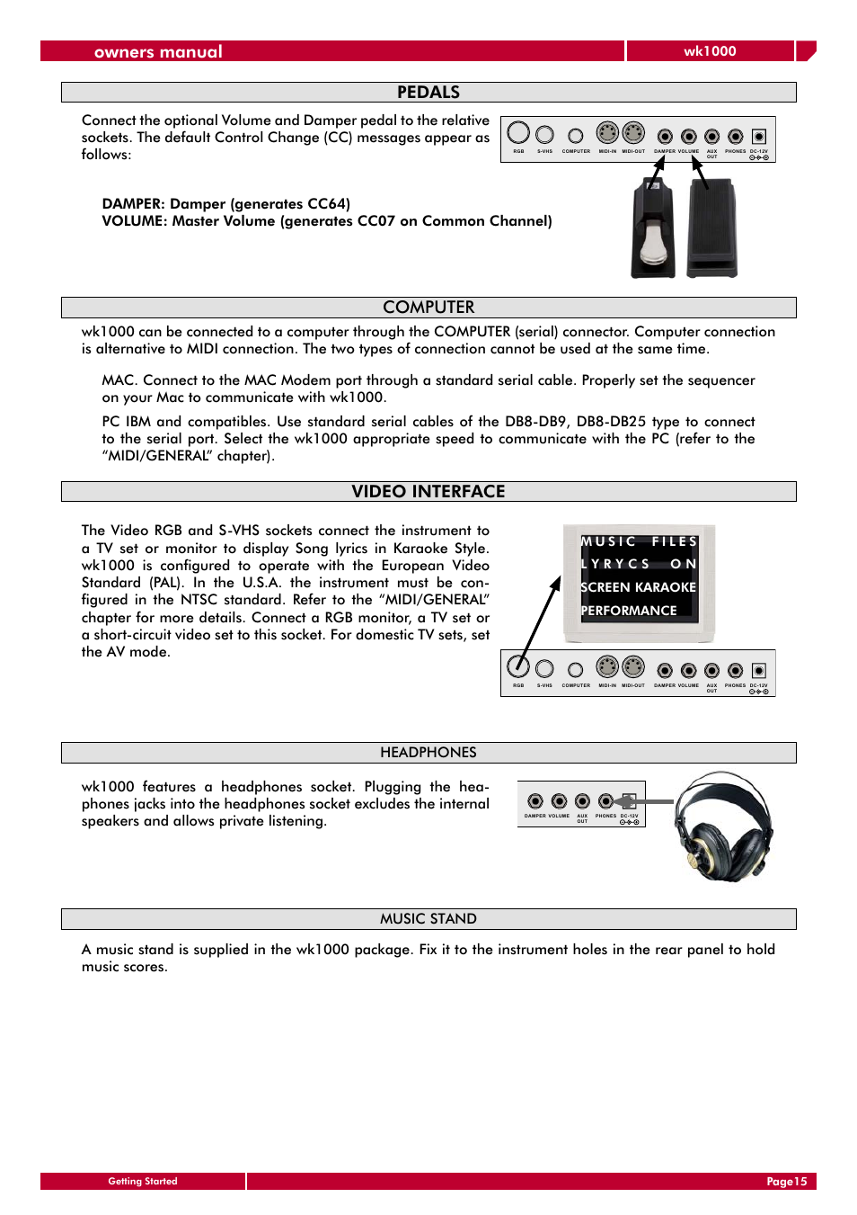 Pedals, Computer, Video interface | Owners manual, Wk1000 | Generalmusic wk1000 User Manual | Page 21 / 72