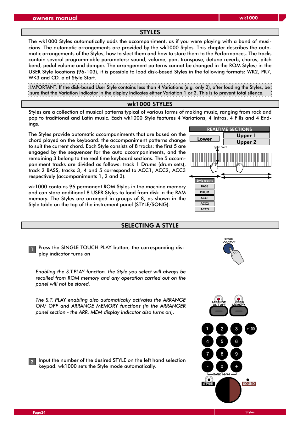 Styles, Wk1000 styles, Selecting a style | Owners manual | Generalmusic wk1000 User Manual | Page 30 / 72