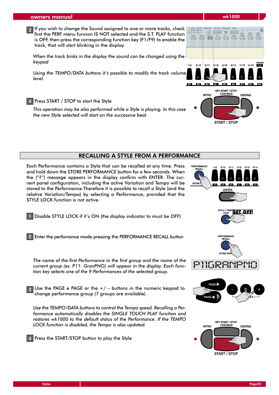 P11granpno, Recalling a style from a performance, Owners manual | Set off, Wk1000 | Generalmusic wk1000 User Manual | Page 31 / 72