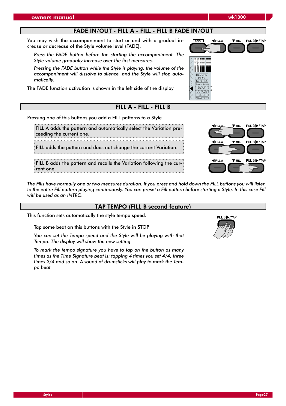 Fade in/out - fill a - fill - fill b fade in/out, Fill a - fill - fill b, Tap tempo (fill b second feature) | Owners manual | Generalmusic wk1000 User Manual | Page 33 / 72