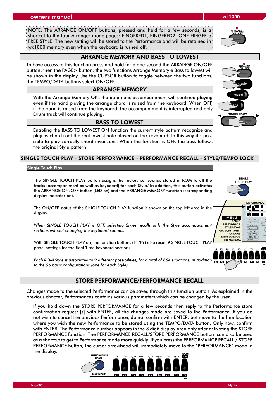 Bass to lowest, Store performance/performance recall, Owners manual | Wk1000 | Generalmusic wk1000 User Manual | Page 36 / 72