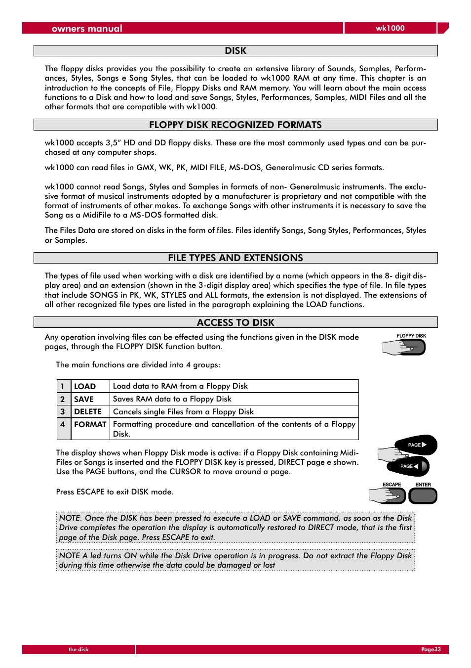 Disk, Floppy disk recognized formats, File types and extensions | Access to disk, Owners manual | Generalmusic wk1000 User Manual | Page 39 / 72