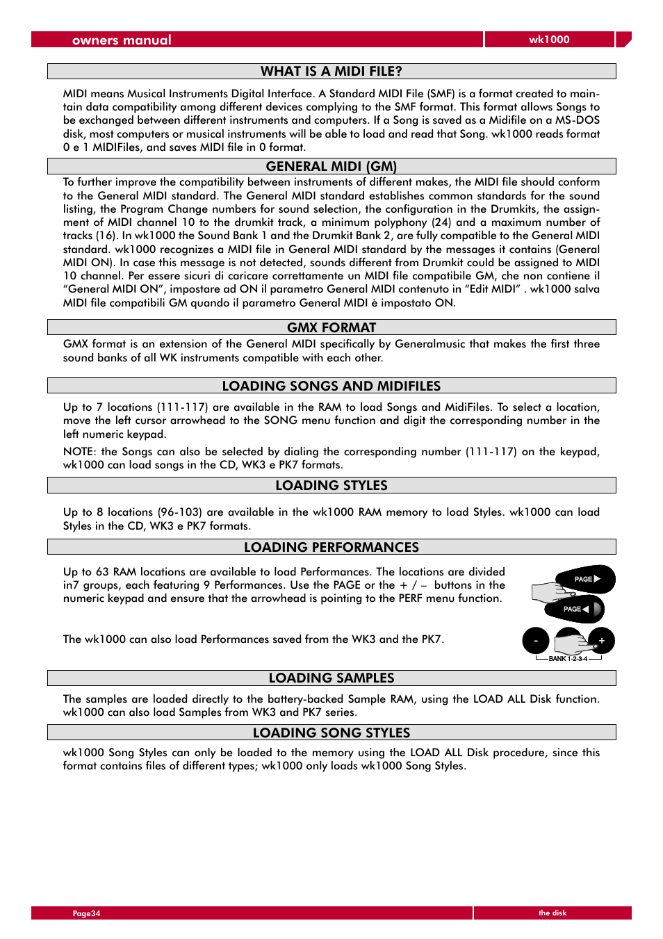 What is a midi file, General midi (gm), Gmx format loading songs and midifiles | Loading styles, Loading performances, Loading samples, Loading song styles, Owners manual | Generalmusic wk1000 User Manual | Page 40 / 72
