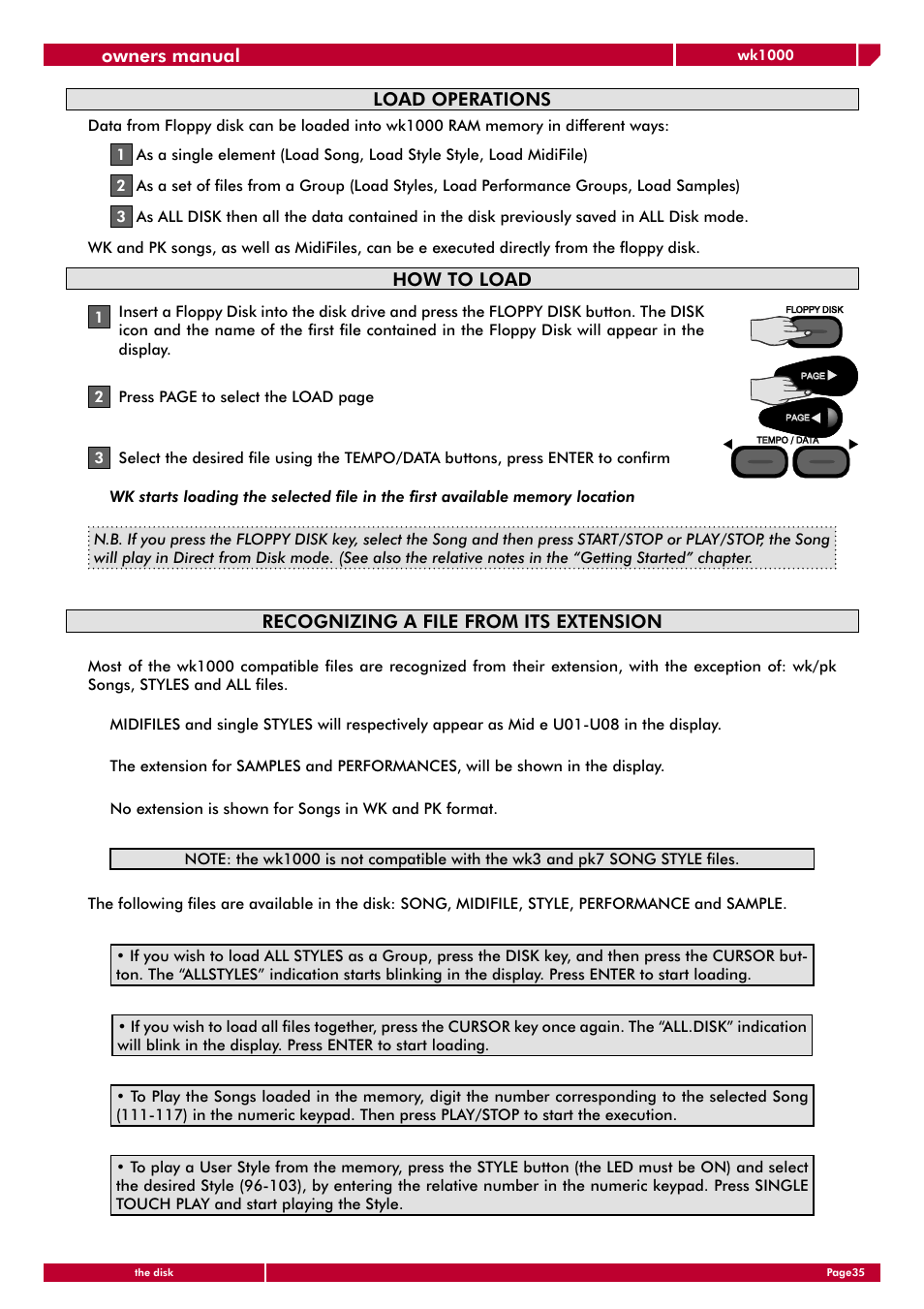 Load operations, How to load, Recognizing a file from its extension | Owners manual | Generalmusic wk1000 User Manual | Page 41 / 72