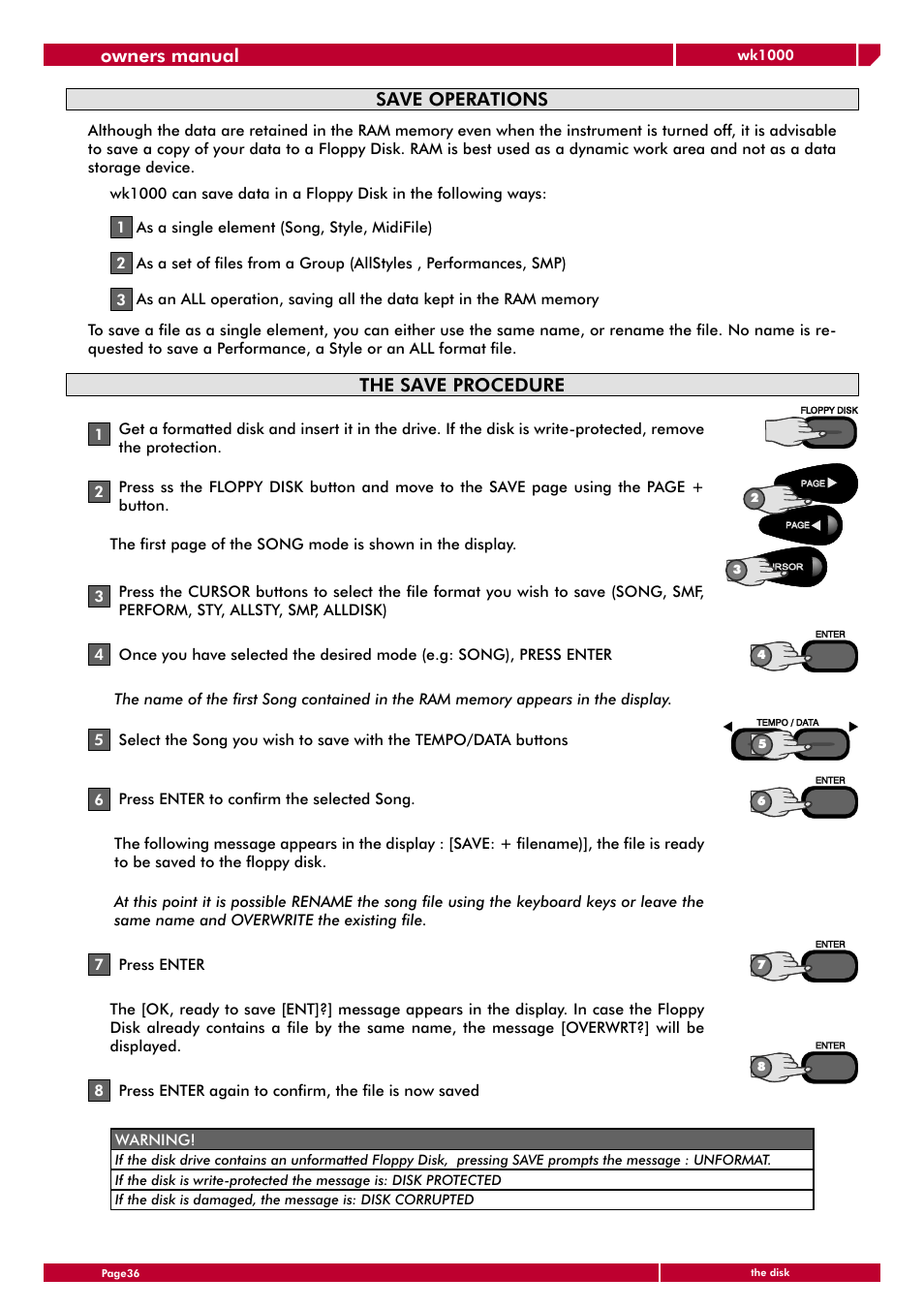 Save operations, The save procedure, Owners manual | Generalmusic wk1000 User Manual | Page 42 / 72